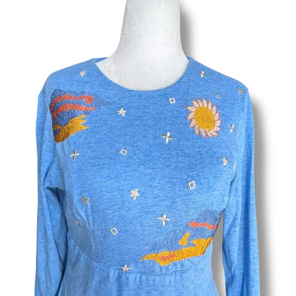 eShakti Blue Embroidered Fox Sun Clouds Cotton Spandex Long Sleeve Dress - Picture 2 of 12